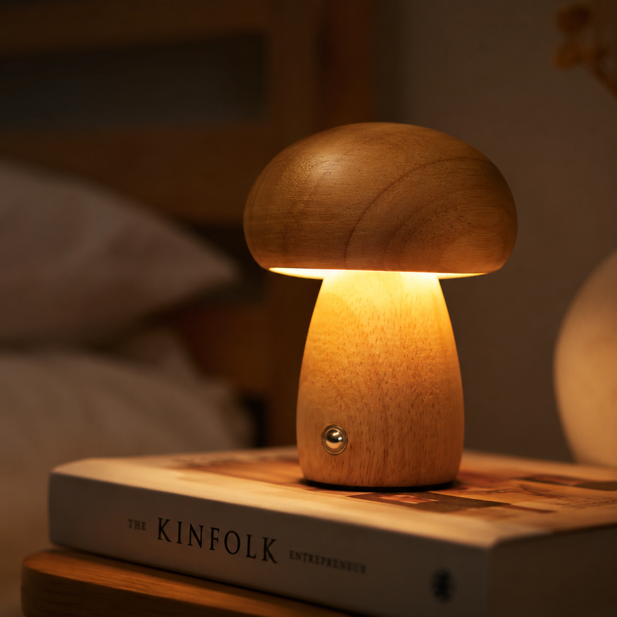 Solid Wood Mushroom Night Lamp | Cordless Dimmable Bedside Light