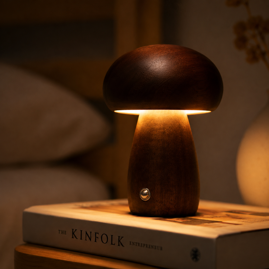 Solid Wood Mushroom Night Lamp | Cordless Dimmable Bedside Light