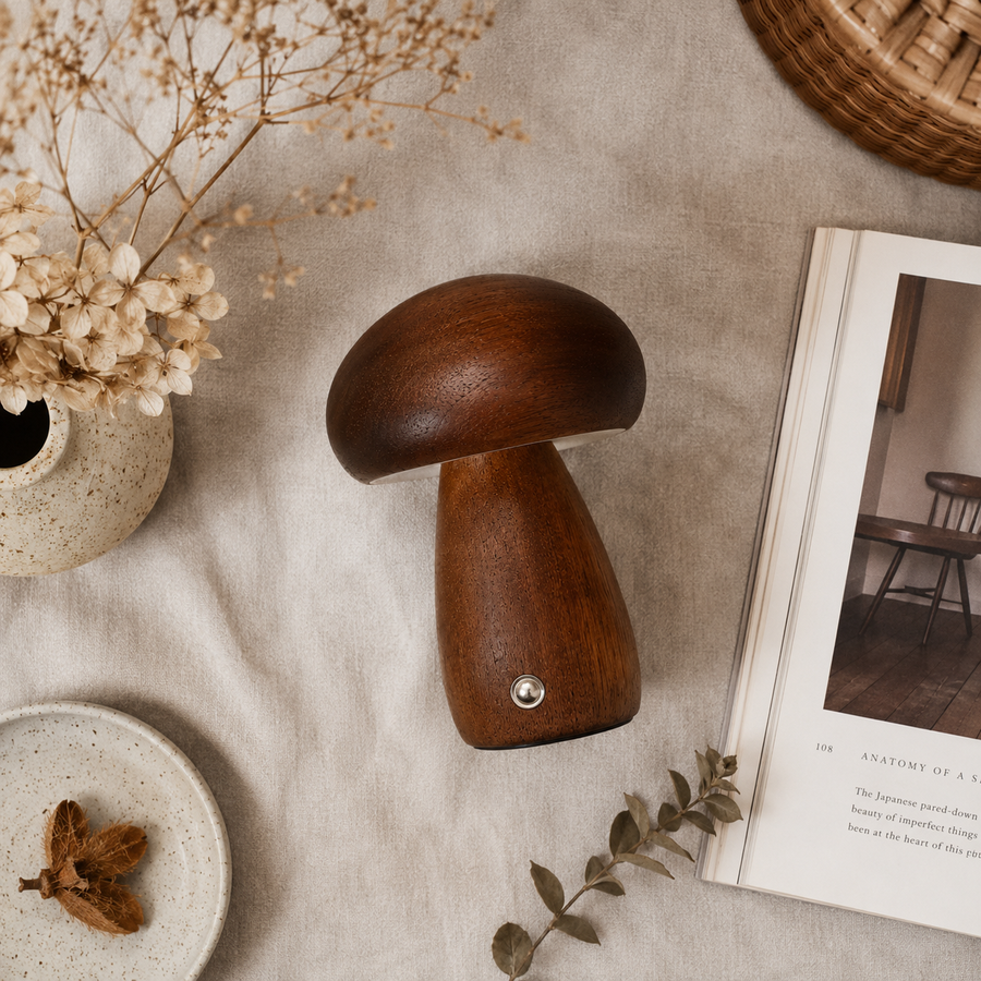 Solid Wood Mushroom Night Lamp | Cordless Dimmable Bedside Light