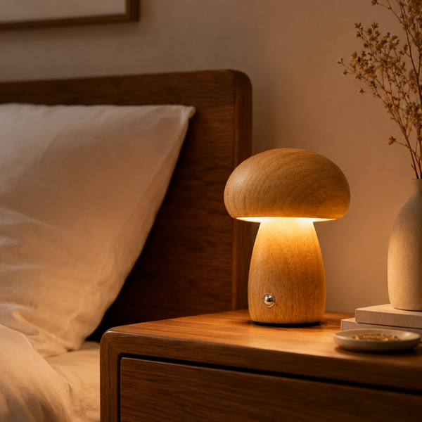 Solid Wood Mushroom Night Lamp | Cordless Dimmable Bedside Light