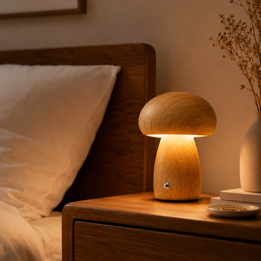 Solid Wood Mushroom Night Lamp | Cordless Dimmable Bedside Light