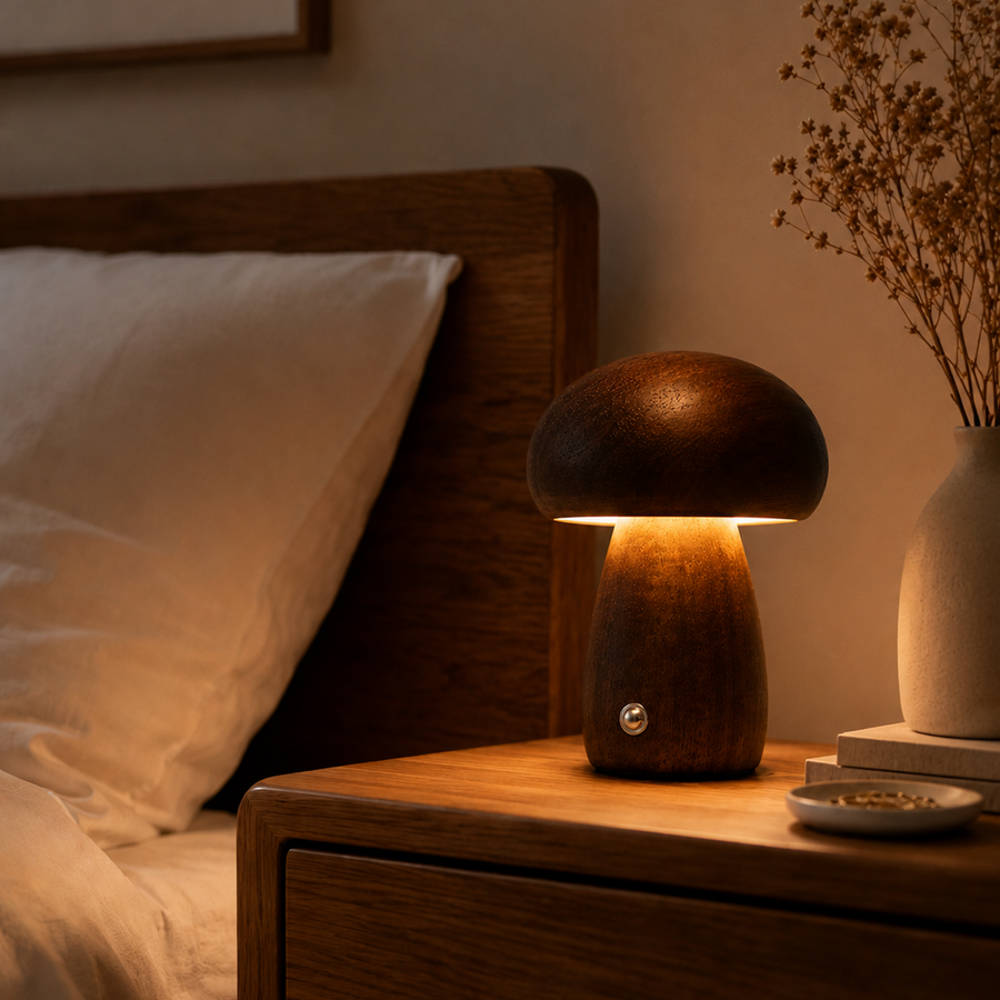 Solid Wood Mushroom Night Lamp | Cordless Dimmable Bedside Light