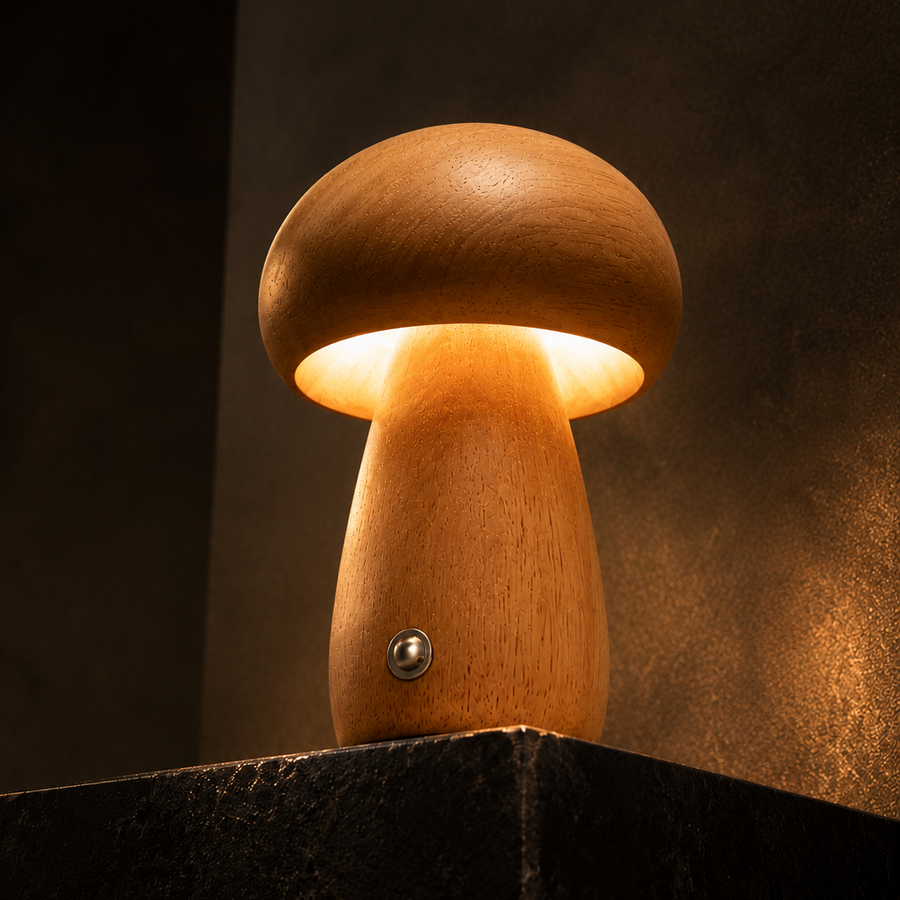 Solid Wood Mushroom Night Lamp | Cordless Dimmable Bedside Light