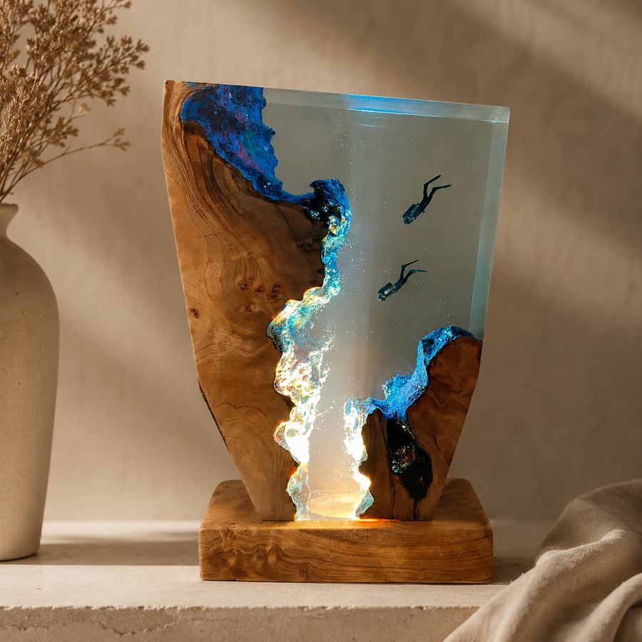 Deep Sea Diver Resin Table Lamp — Handcrafted Ocean Epoxy & Wood Night Light