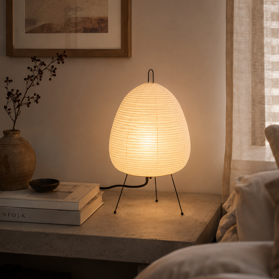 Japanese Rice Paper Table Lamp – Wabi-Sabi Minimalist LED Bedside Lamp