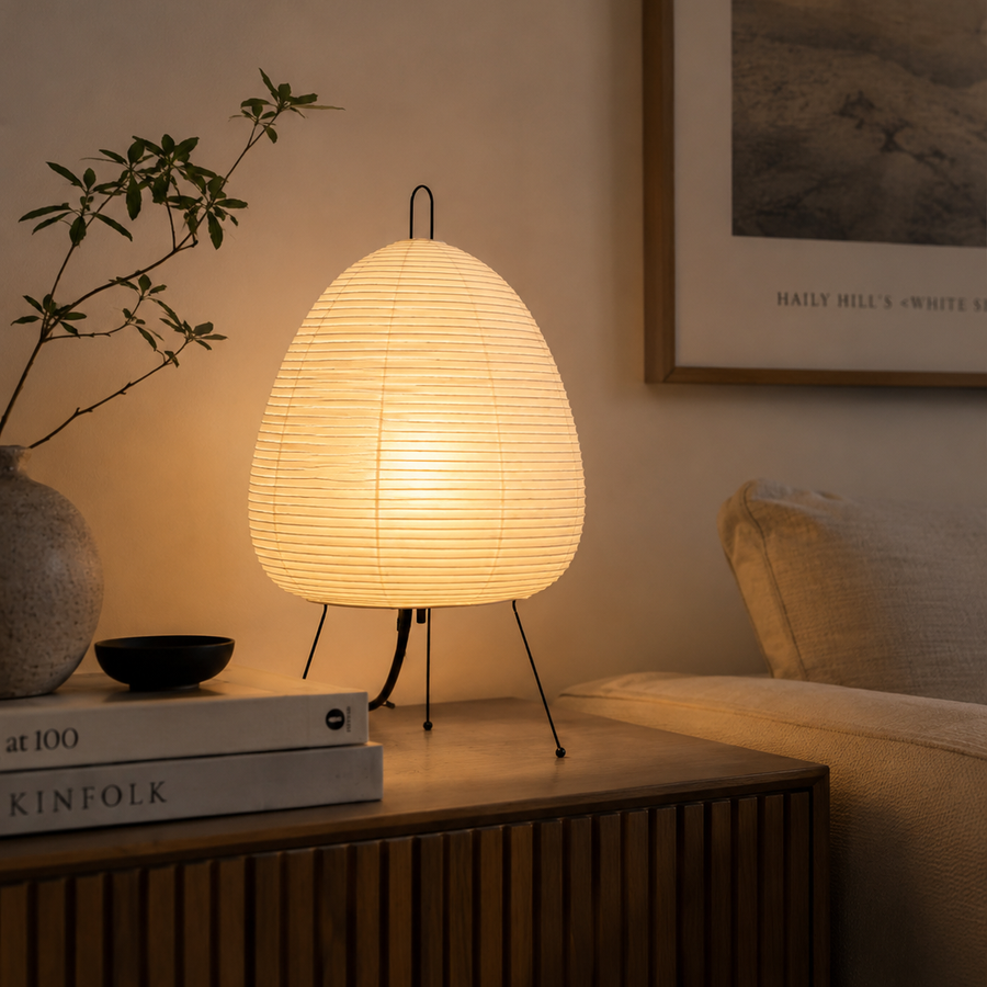 Japanese Rice Paper Table Lamp – Wabi-Sabi Minimalist LED Bedside Lamp