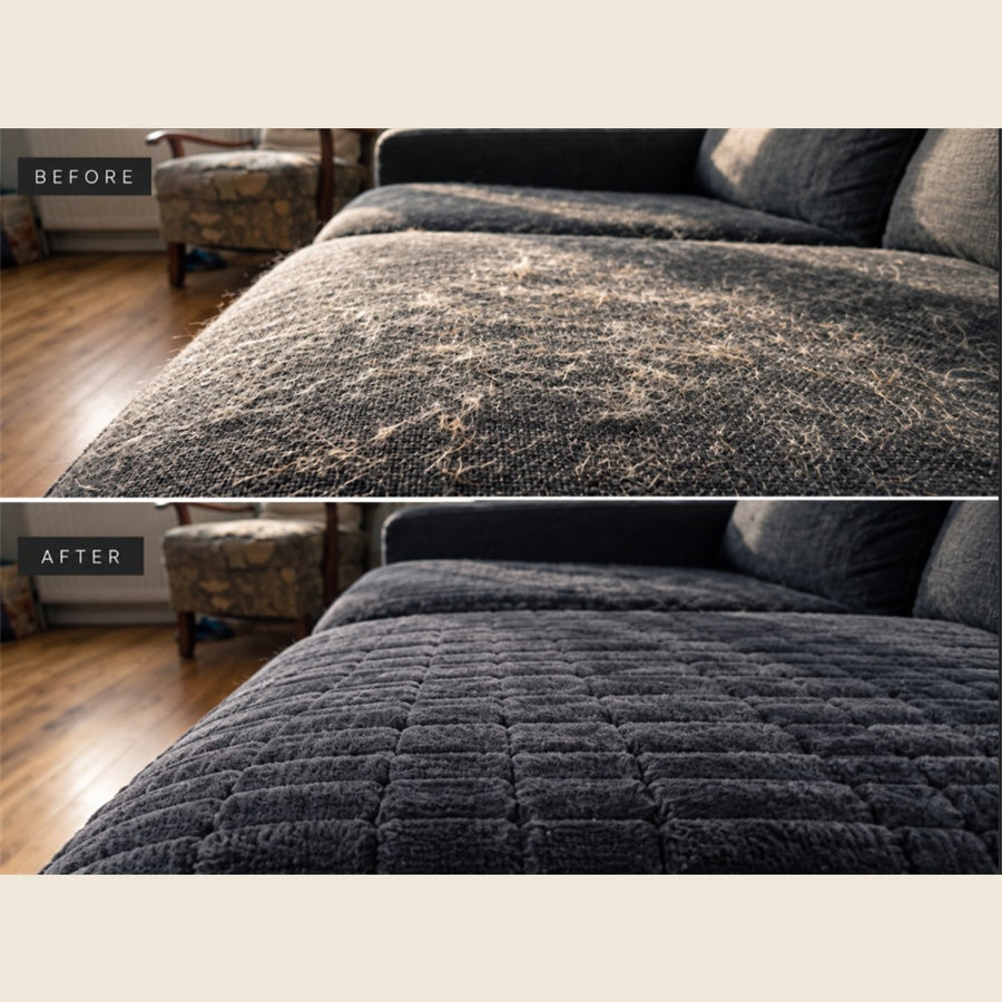 Before and after: dog hair all over a grey fabric sofa, then the same sofa covered by a charcoal Burrow plush cover