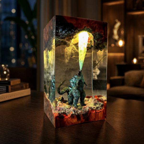 Godzilla Resin Table Lamp – Color-Changing Kaiju Epoxy Night Light with Atomic Breath