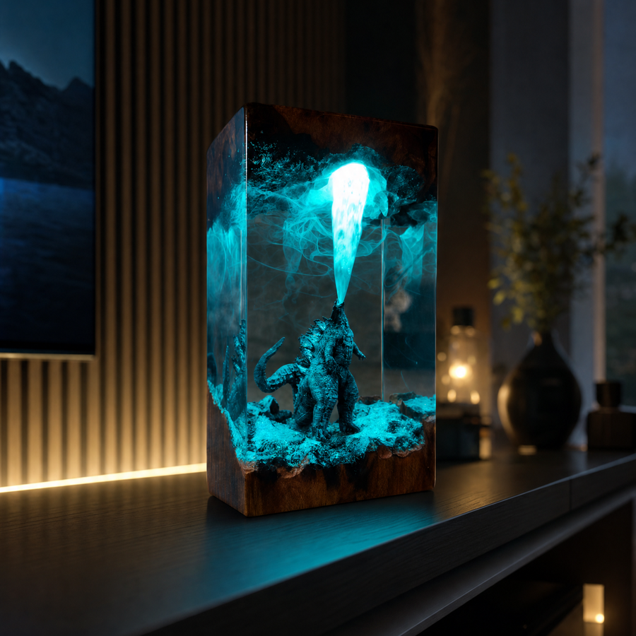 Godzilla Resin Table Lamp – Color-Changing Kaiju Epoxy Night Light with Atomic Breath