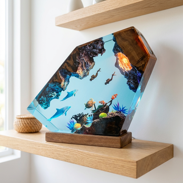 Ocean Resin Wood Table Lamp – Handcrafted Dolphin, Sea Turtle & Whale Epoxy Night Light with LED Glow alternate