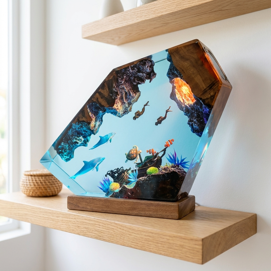 Ocean Resin Wood Table Lamp – Handcrafted Dolphin, Sea Turtle & Whale Epoxy Night Light with LED Glow