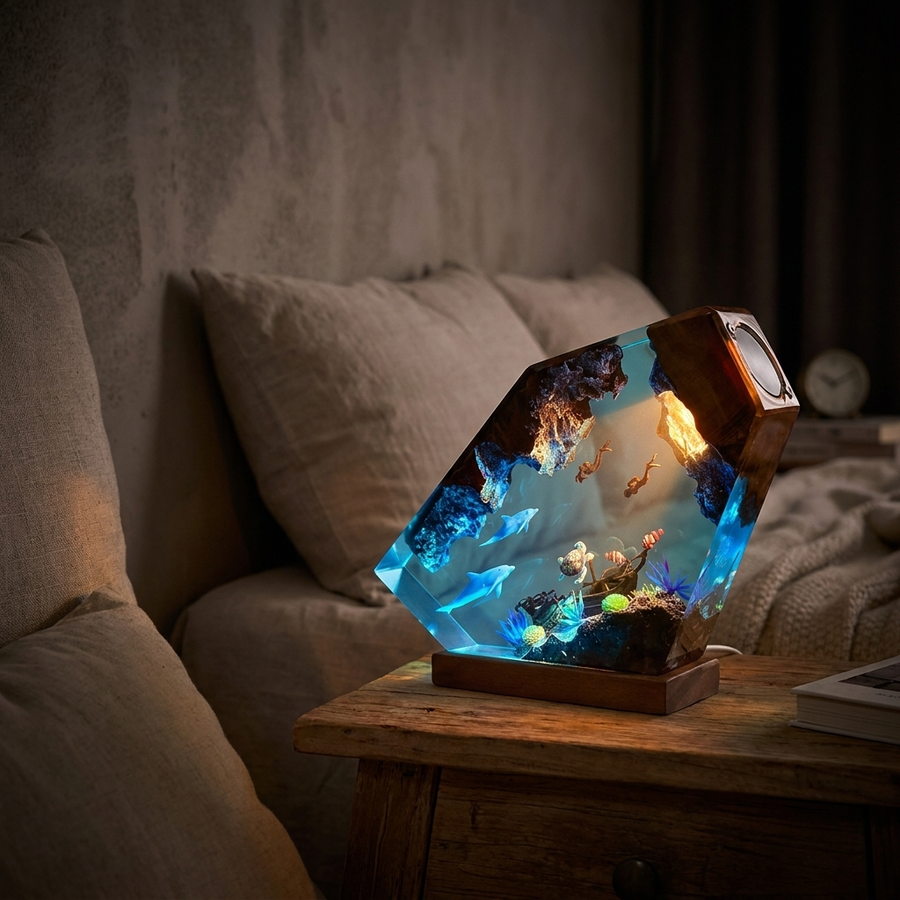 Ocean Resin Wood Table Lamp – Handcrafted Dolphin, Sea Turtle & Whale Epoxy Night Light with LED Glow