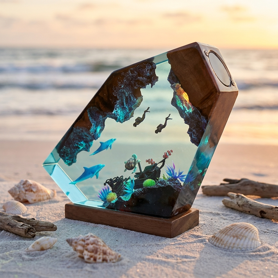 Ocean Resin Wood Table Lamp – Handcrafted Dolphin, Sea Turtle & Whale Epoxy Night Light with LED Glow