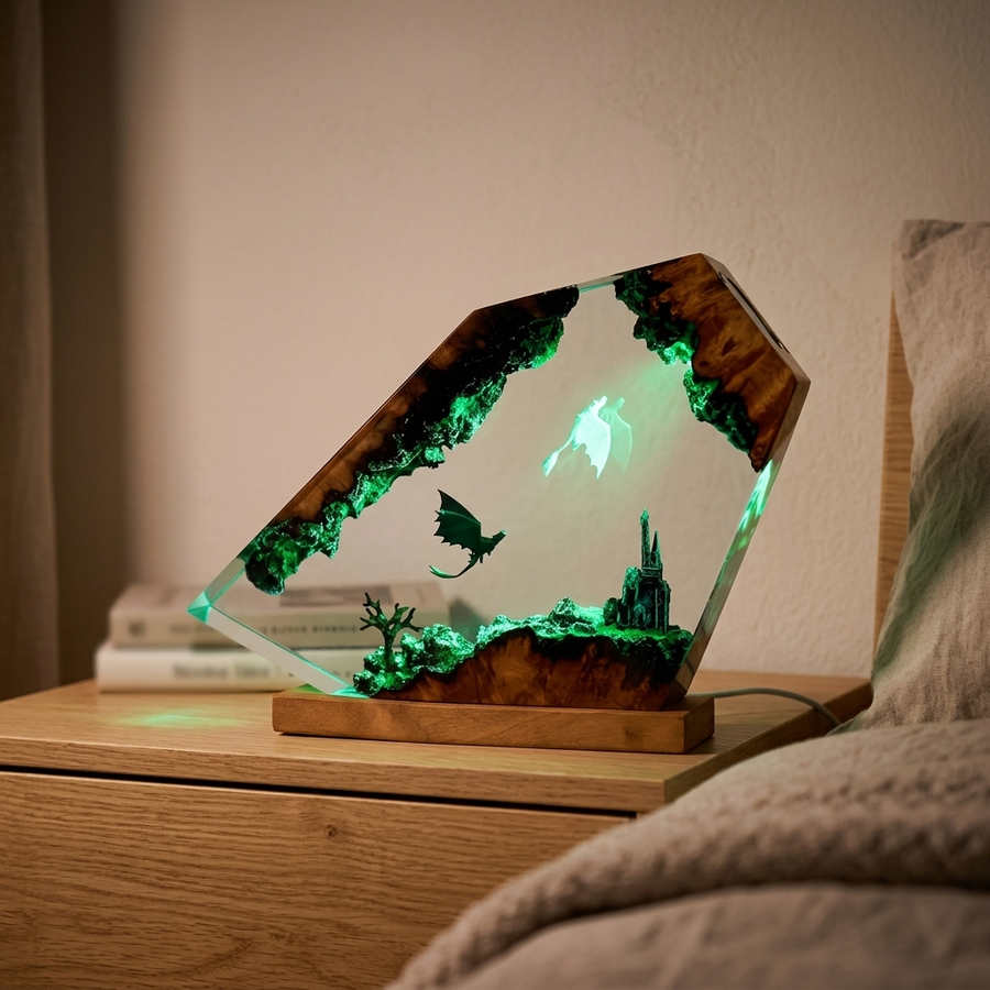 Dragon & Castle Epoxy Resin Lamp — Handcrafted Fantasy Night Light