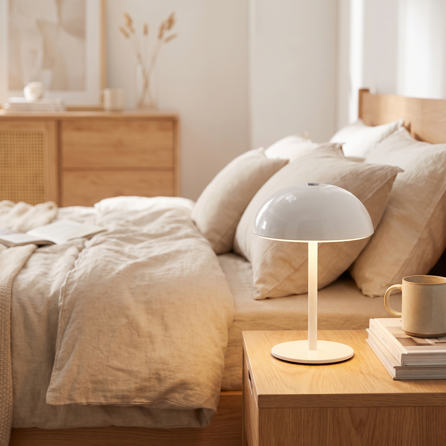 White mushroom cordless table lamp on a bright Scandinavian nightstand