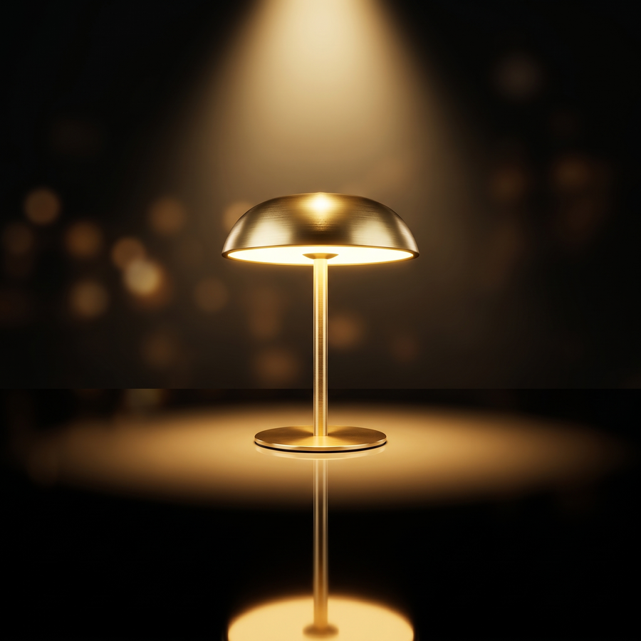 Gold mushroom lamp hero shot with dramatic spotlight