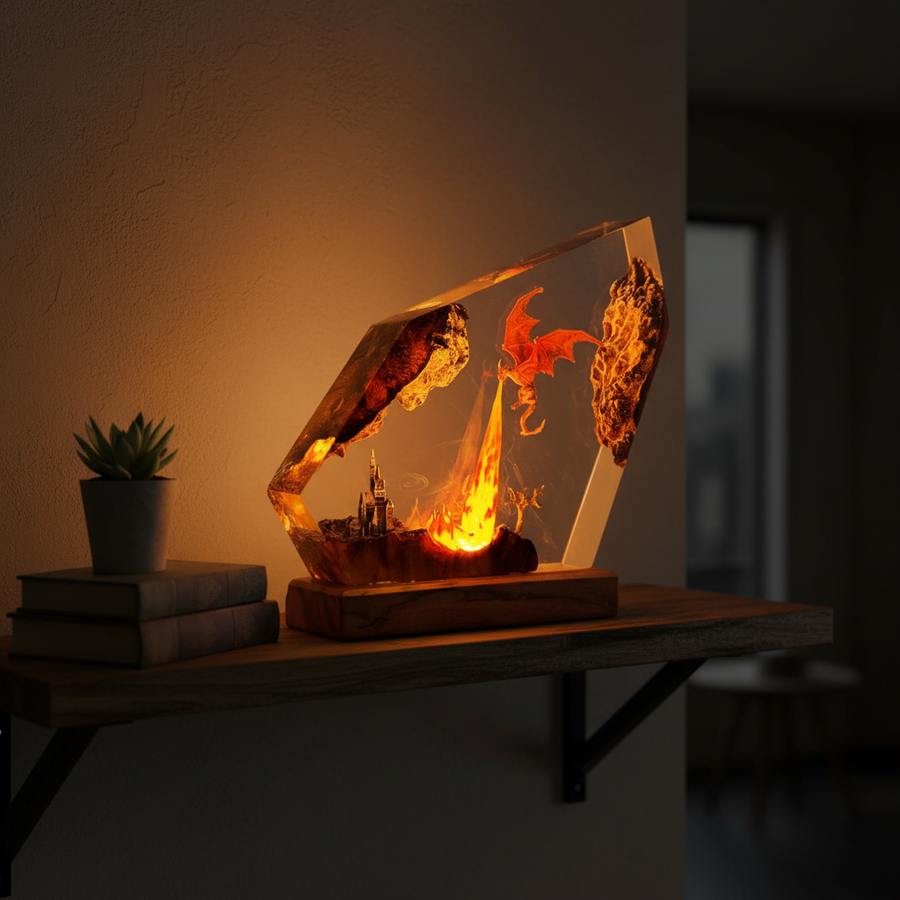 Dragon volcano lamp glowing warmly on a cozy living room shelf at night