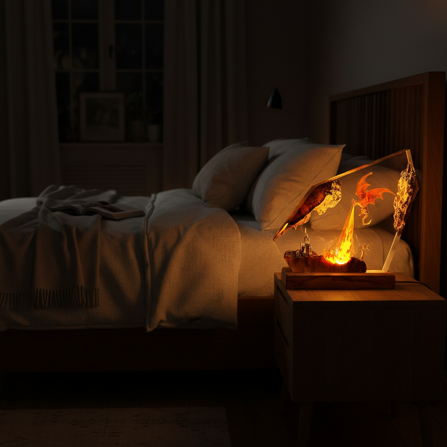 Dragon volcano lamp glowing on a bedside nightstand in a dark bedroom