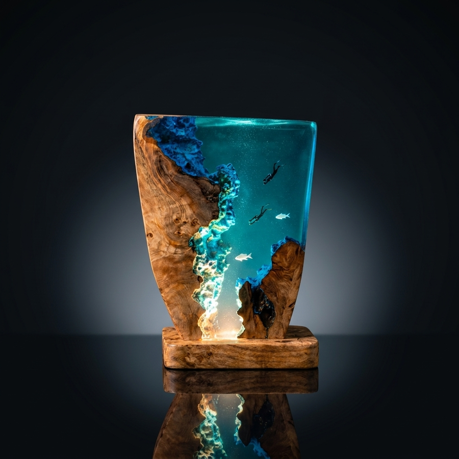 Deep Sea Diver Resin Table Lamp — Handcrafted Ocean Epoxy & Wood Night Light