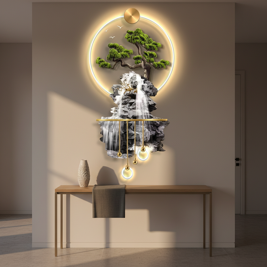 Mountain and waterfall LED wall panel glowing above an oak console table in a warm modern entryway