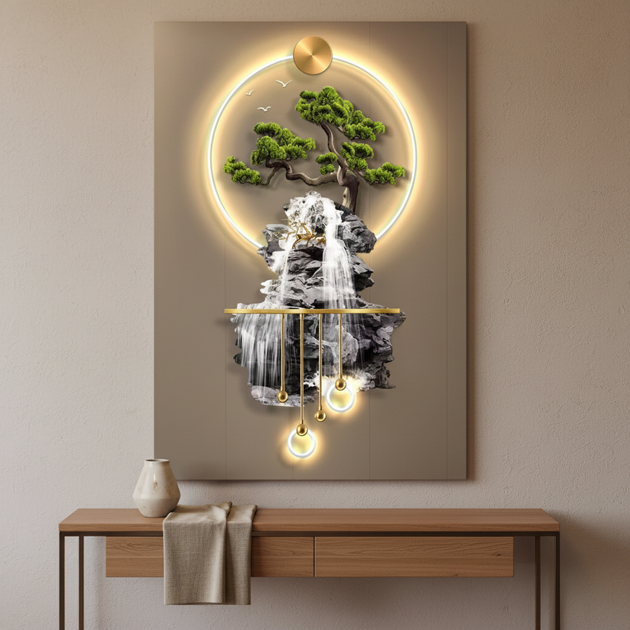 The illuminated 3D wall panel shown full length on a pale plaster wall above a timber console