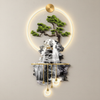 Full view of the illuminated 3D panel showing the bonsai pine, rock face, waterfall and pendant orbs