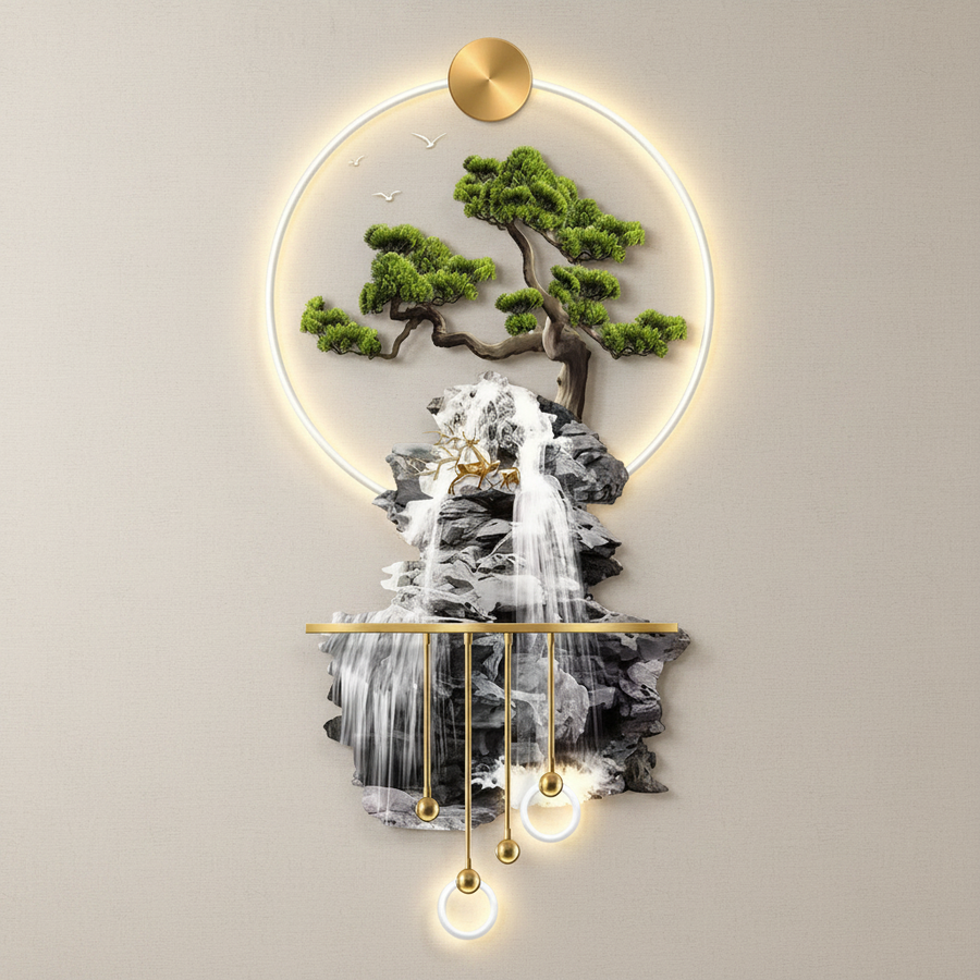 Full view of the illuminated 3D panel showing the bonsai pine, rock face, waterfall and pendant orbs