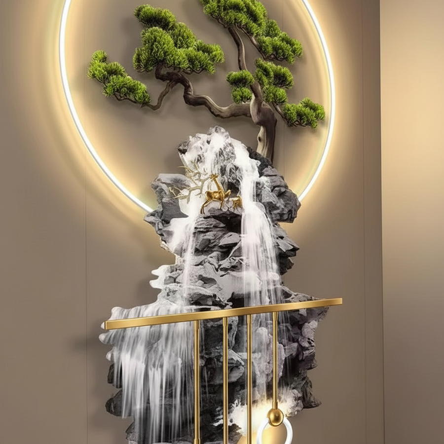 Close detail of the sculpted rock, cascading waterfall and gold deer against the warm lit ring