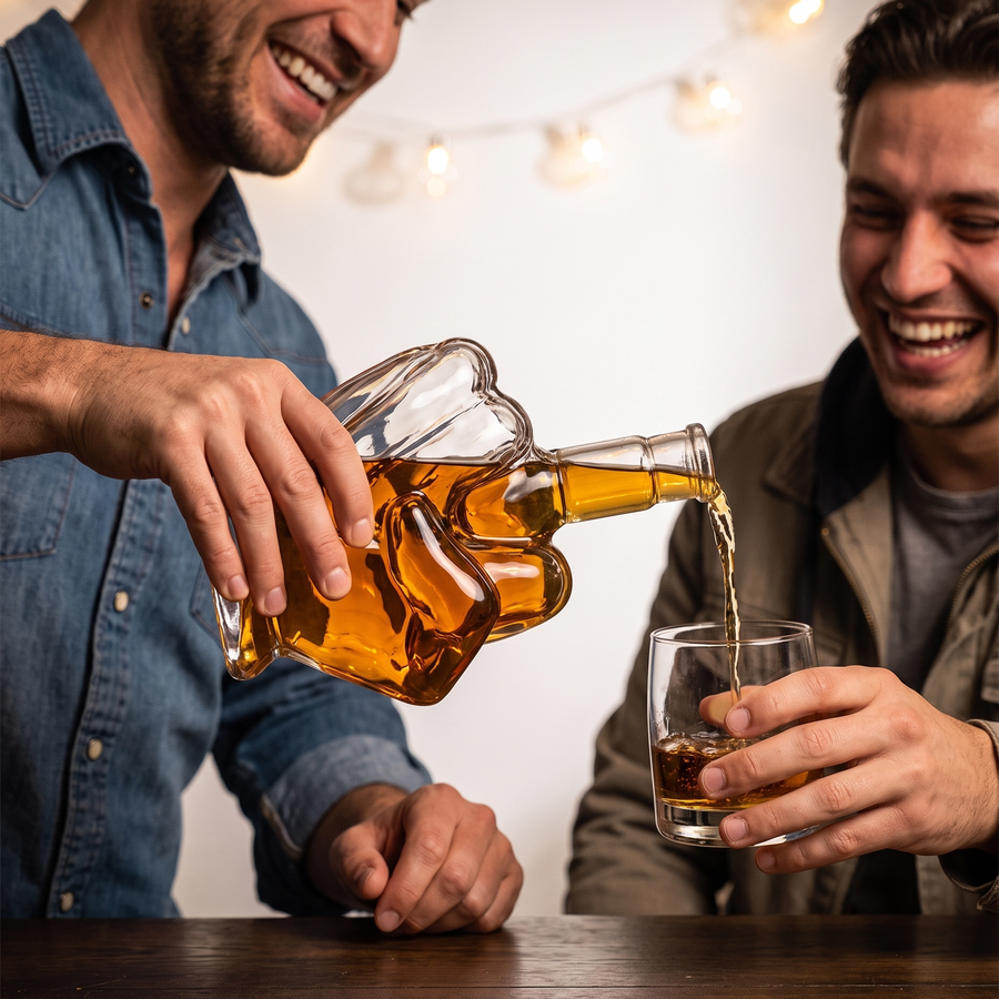 Two friends laughing as whiskey is poured from the middle finger decanter into a rocks glass