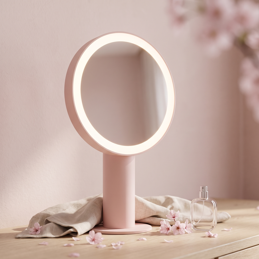 Cherry blossom pink LED vanity mirror on a pale oak dressing table