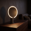 Graphite grey LED vanity mirror glowing as the only light source on a dark walnut dresser at night