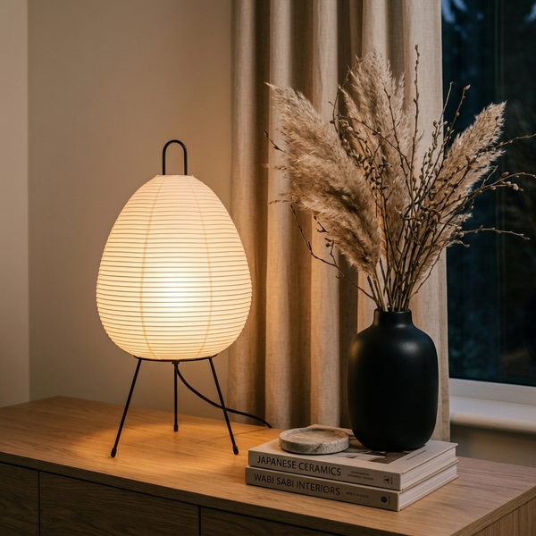 Japanese Rice Paper Table Lamp – Wabi-Sabi Minimalist LED Bedside Lamp