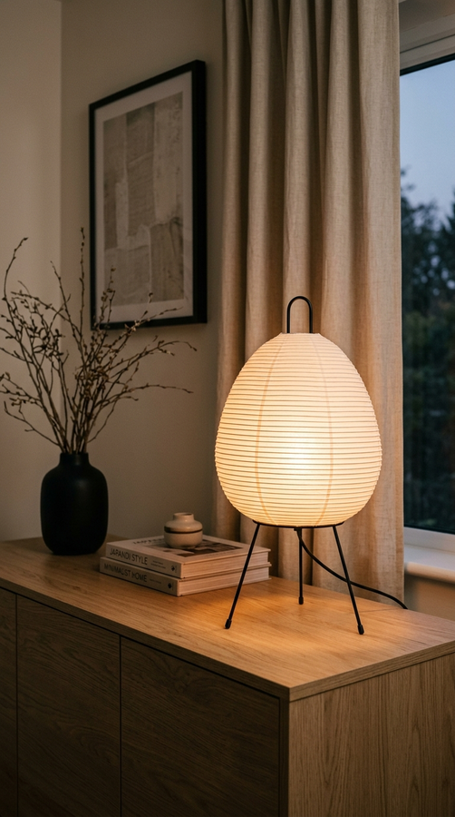 Japanese Rice Paper Table Lamp – Wabi-Sabi Minimalist LED Bedside Lamp